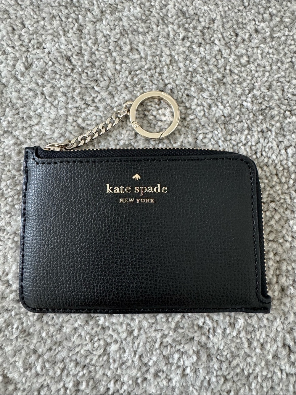 kate spade Black Refined Grain Leather Zip Card Holder with Gold Keyring